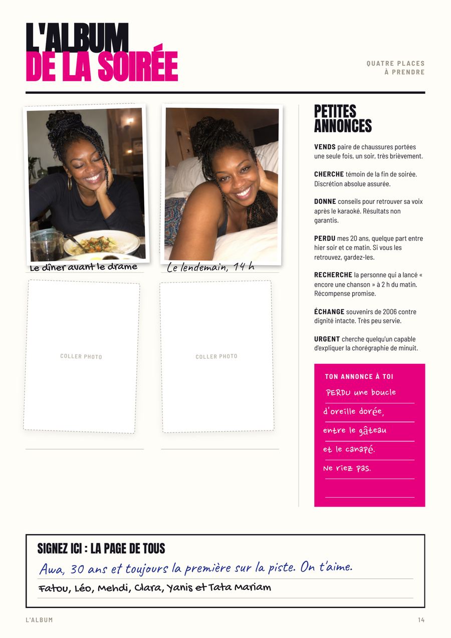 L'album de la soirée, page remplie du numéro de Awa