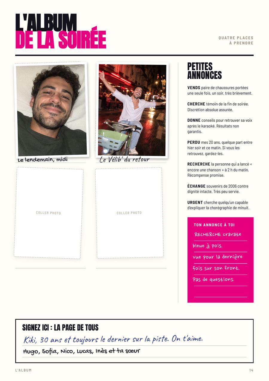 L'album de la soirée, page remplie du numéro de Karim