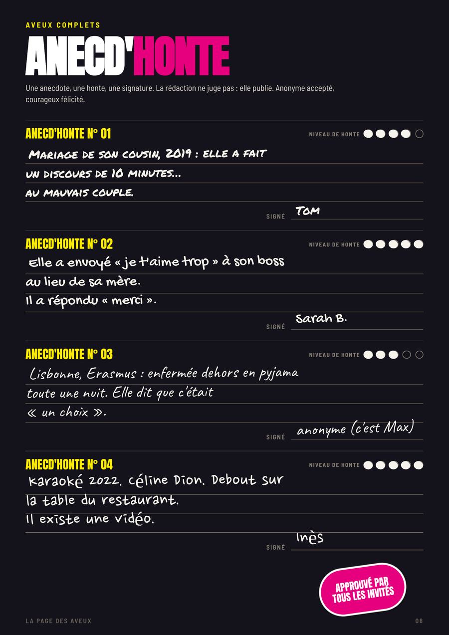 La page Anecd'Honte écrite au marqueur blanc par les invités de Juju