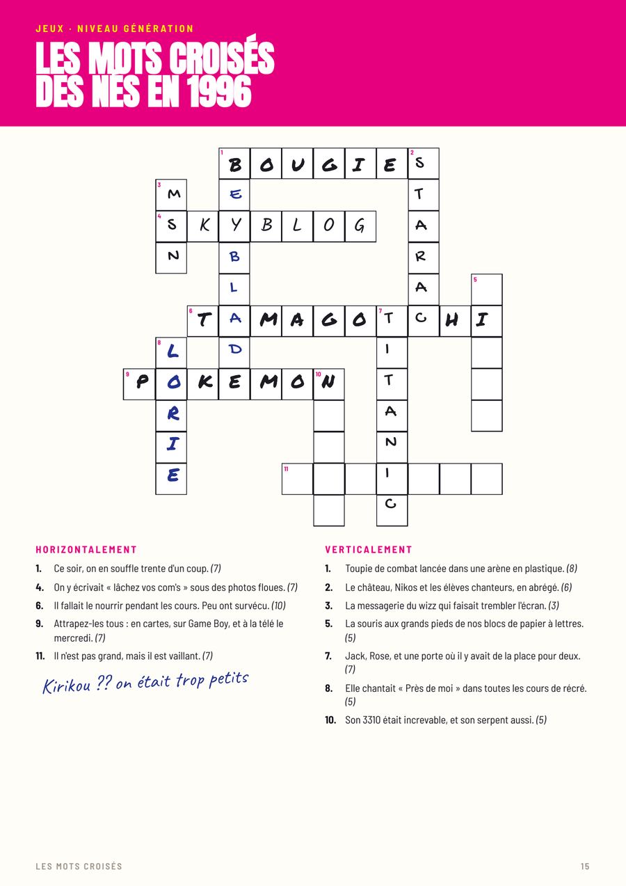 Les mots croisés, page remplie du numéro de Awa
