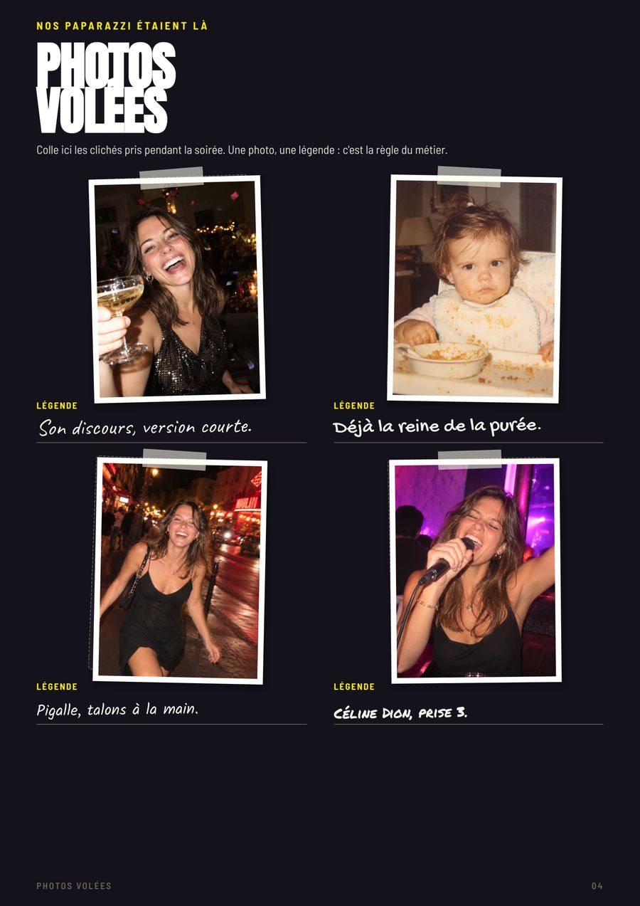 La page Photos volées remplie avec quatre photos de Juju et leurs légendes au marqueur